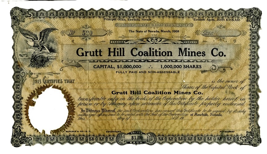 Grutt Hill Coalition Mines Co. stock certificate