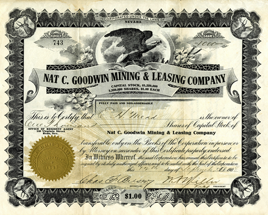 Nat C. Goodwin Mining and Leasing Co. Stock Certificate